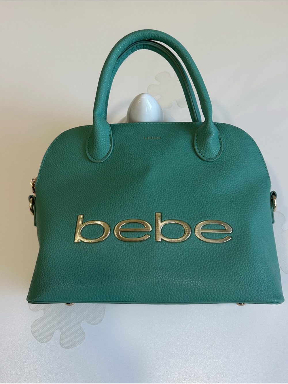 Bebe Fabiola Stamped Green Mini Dome with Card case  Satchel Purse Bag EUC